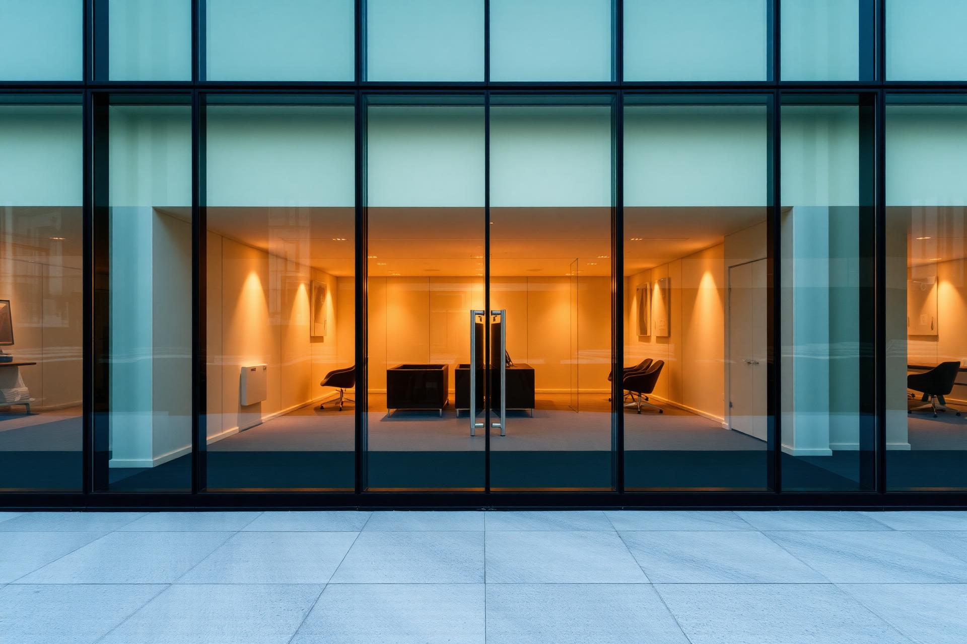 Modern architectural glass facade with warm interior lighting